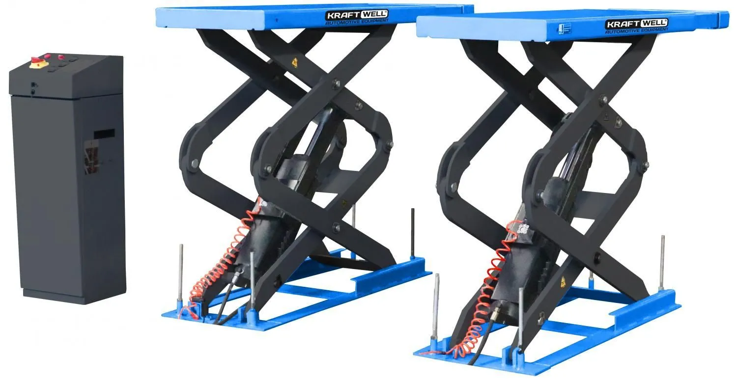 Электрогидравлический подъемник KraftWell KRW360SU_blue Подъёмник ножничный короткий заглубляемый г/п 3600 кг.
